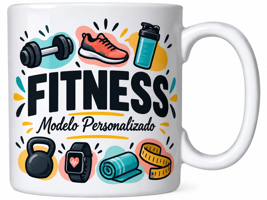 Caneca personalizada modelo Fitness, com halter, tênis e garrafinha
