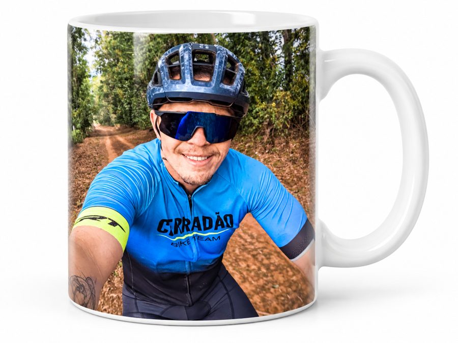 Caneca personalizada com foto de ciclista impressa
