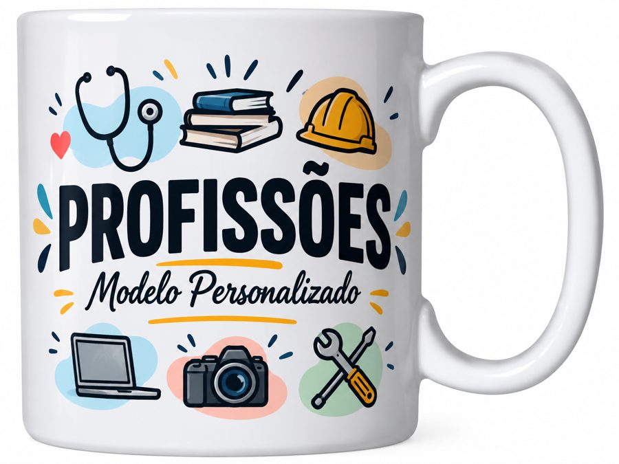 Caneca personalizada modelo Profissões, com ícones de várias profissões